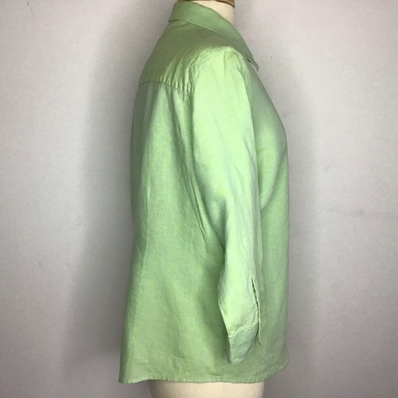 LL Bean 100% linen sherbet  green 3/4 sleeve button up pointed collar shirt Med - Picture 7 of 10